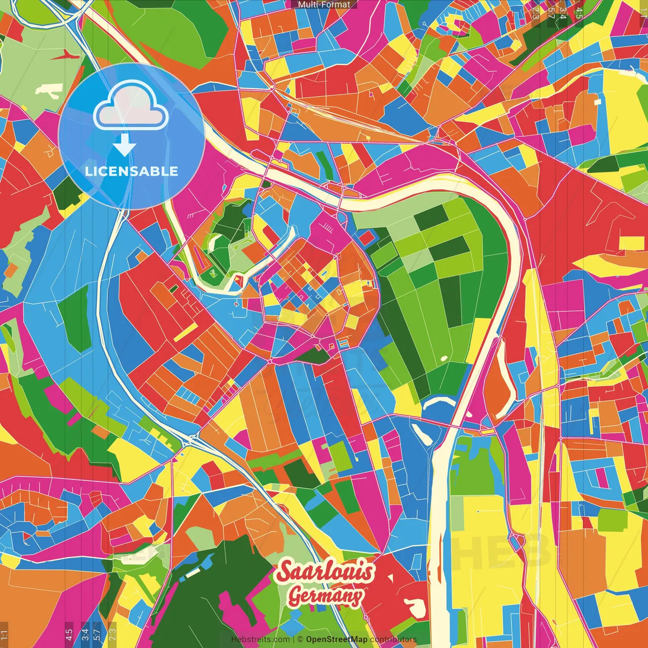 Saarlouis, Saarland, Germany Crazy Colorful Street Map Poster Template