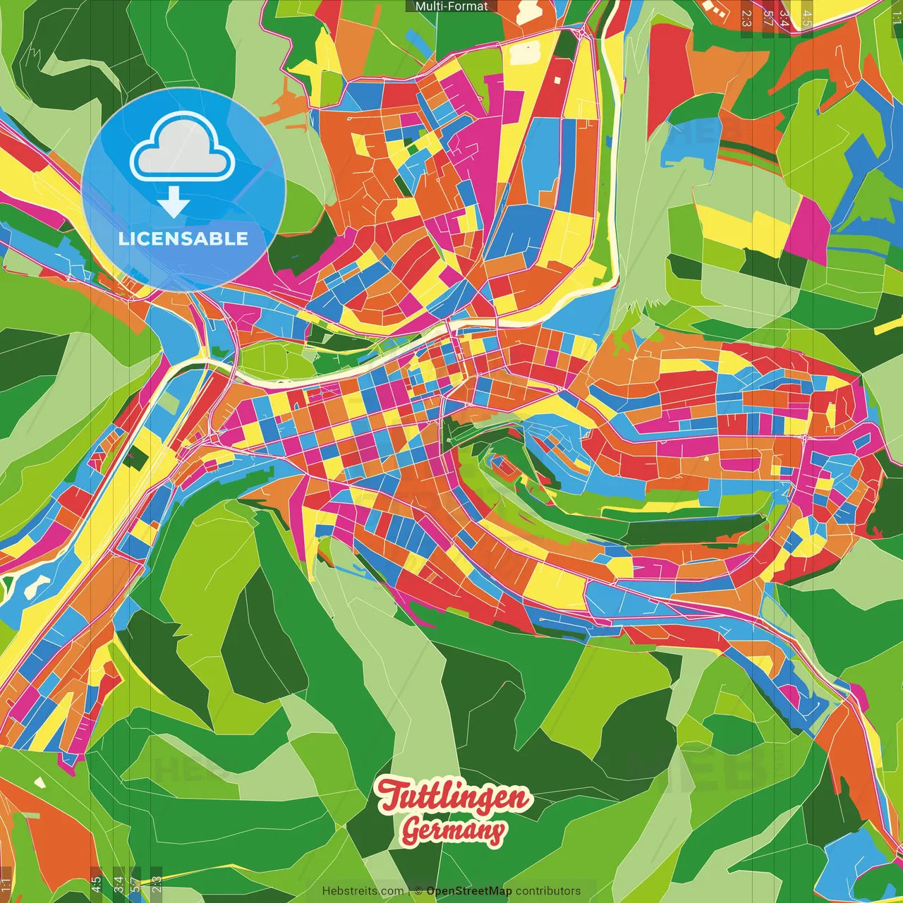 Tuttlingen, Baden-Wuerttemberg, Germany Crazy Colorful Street Map Poster Template