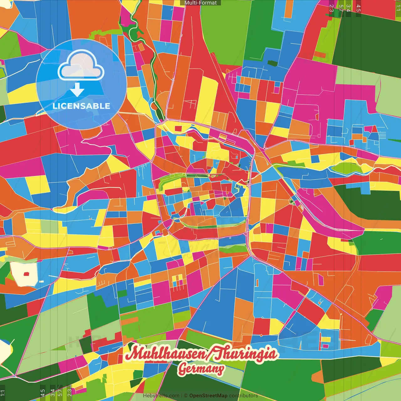 Muhlhausen/Thuringia, Thuringia, Germany Crazy Colorful Street Map Poster Template
