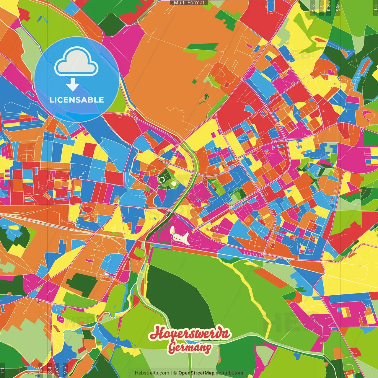Hoyerswerda, Saxony, Germany Crazy Colorful Street Map Poster Template