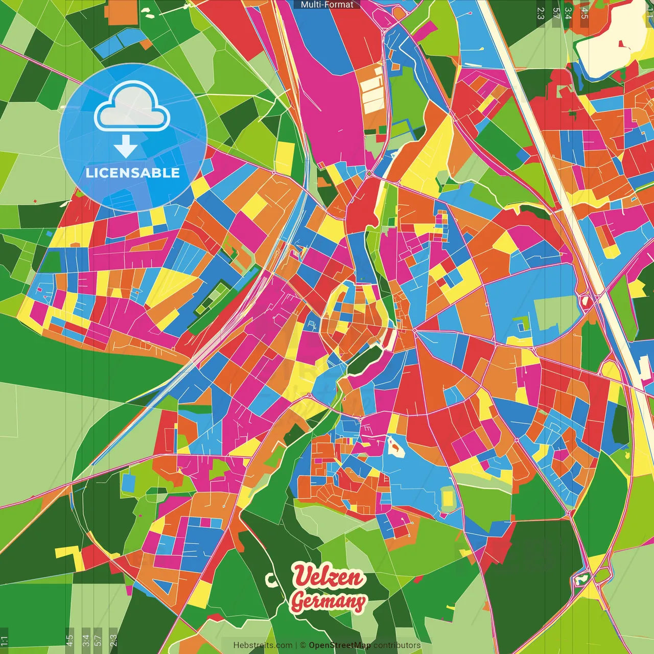 Uelzen, Lower Saxony, Germany Crazy Colorful Street Map Poster Template