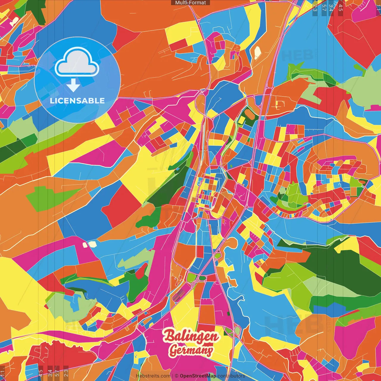 Balingen, Baden-Wuerttemberg, Germany Crazy Colorful Street Map Poster Template