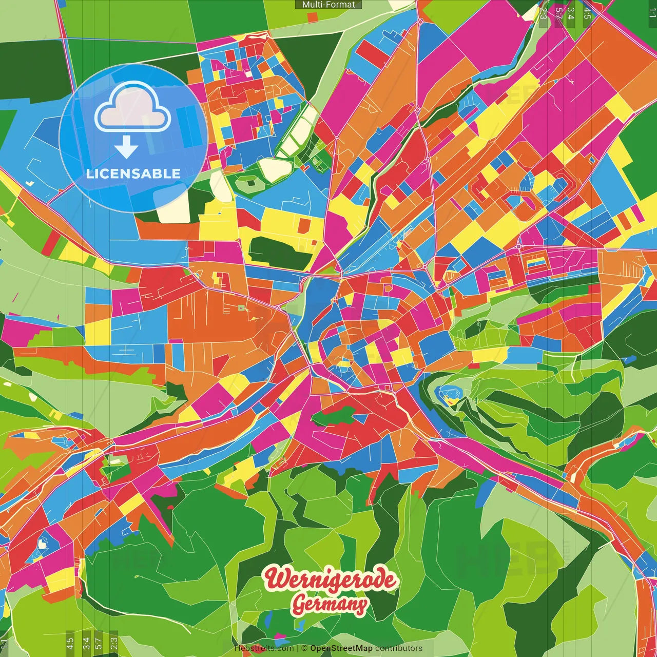 Wernigerode, Saxony-Anhalt, Germany Crazy Colorful Street Map Poster Template