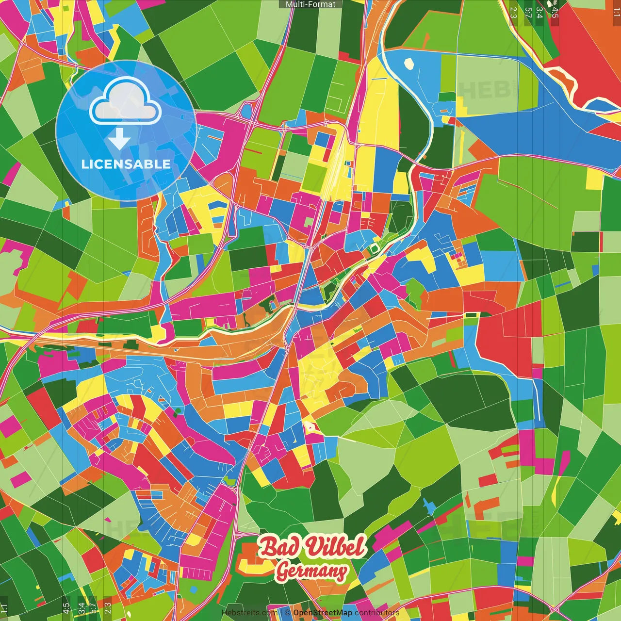 Bad Vilbel, Hesse, Germany Crazy Colorful Street Map Poster Template