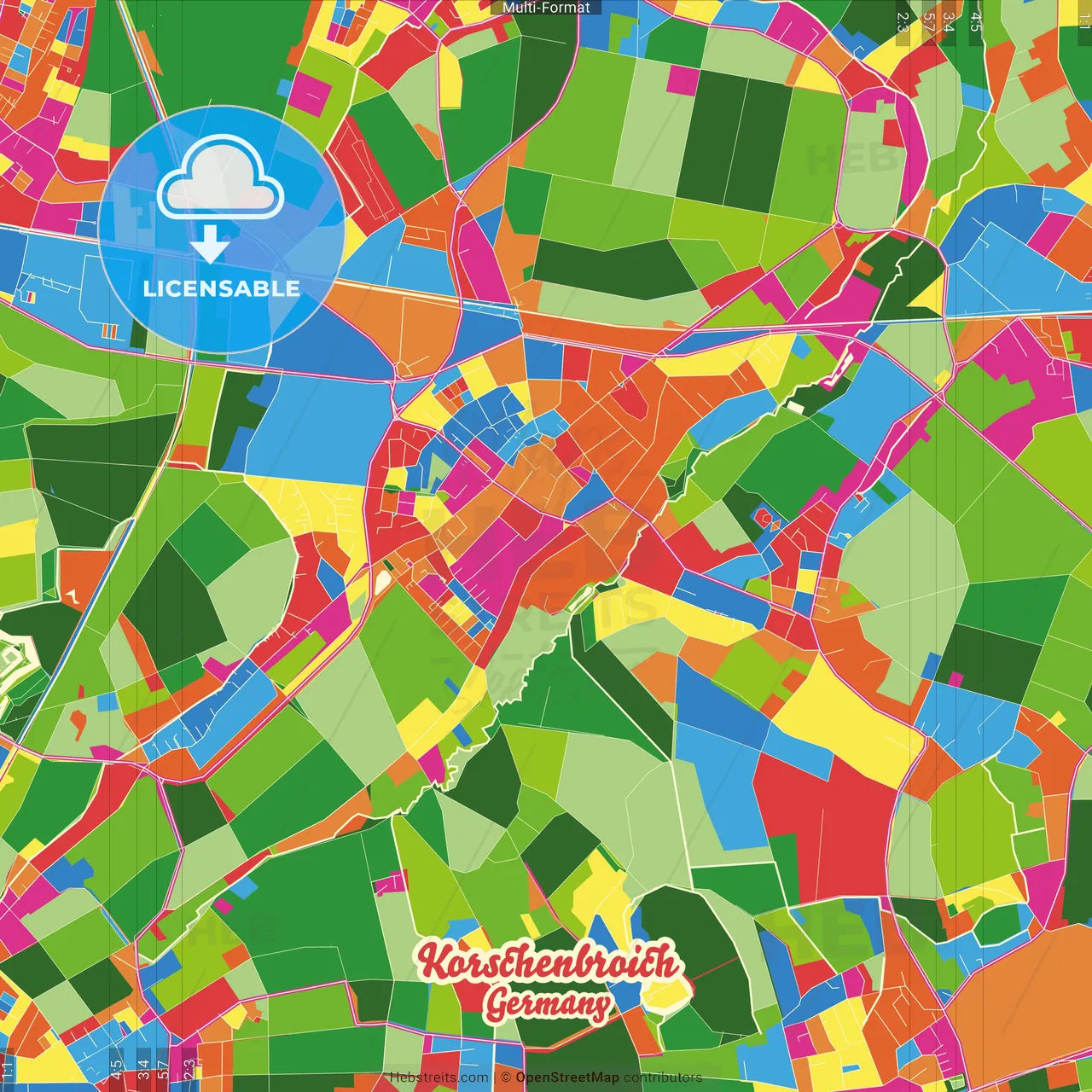 Korschenbroich, North Rhine-Westphalia, Germany Crazy Colorful Street Map Poster Template