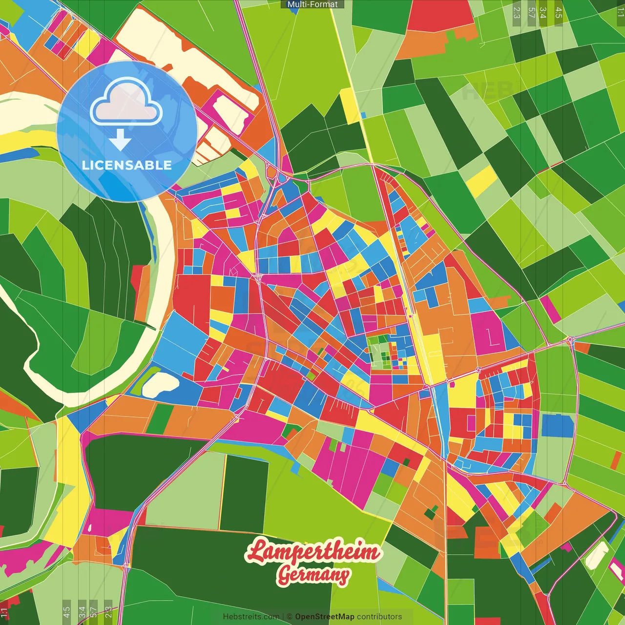 Lampertheim, Hesse, Germany Crazy Colorful Street Map Poster Template
