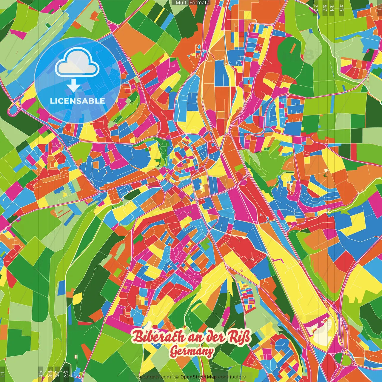 Biberach an der Riß, Baden-Wuerttemberg, Germany Crazy Colorful Street Map Poster Template