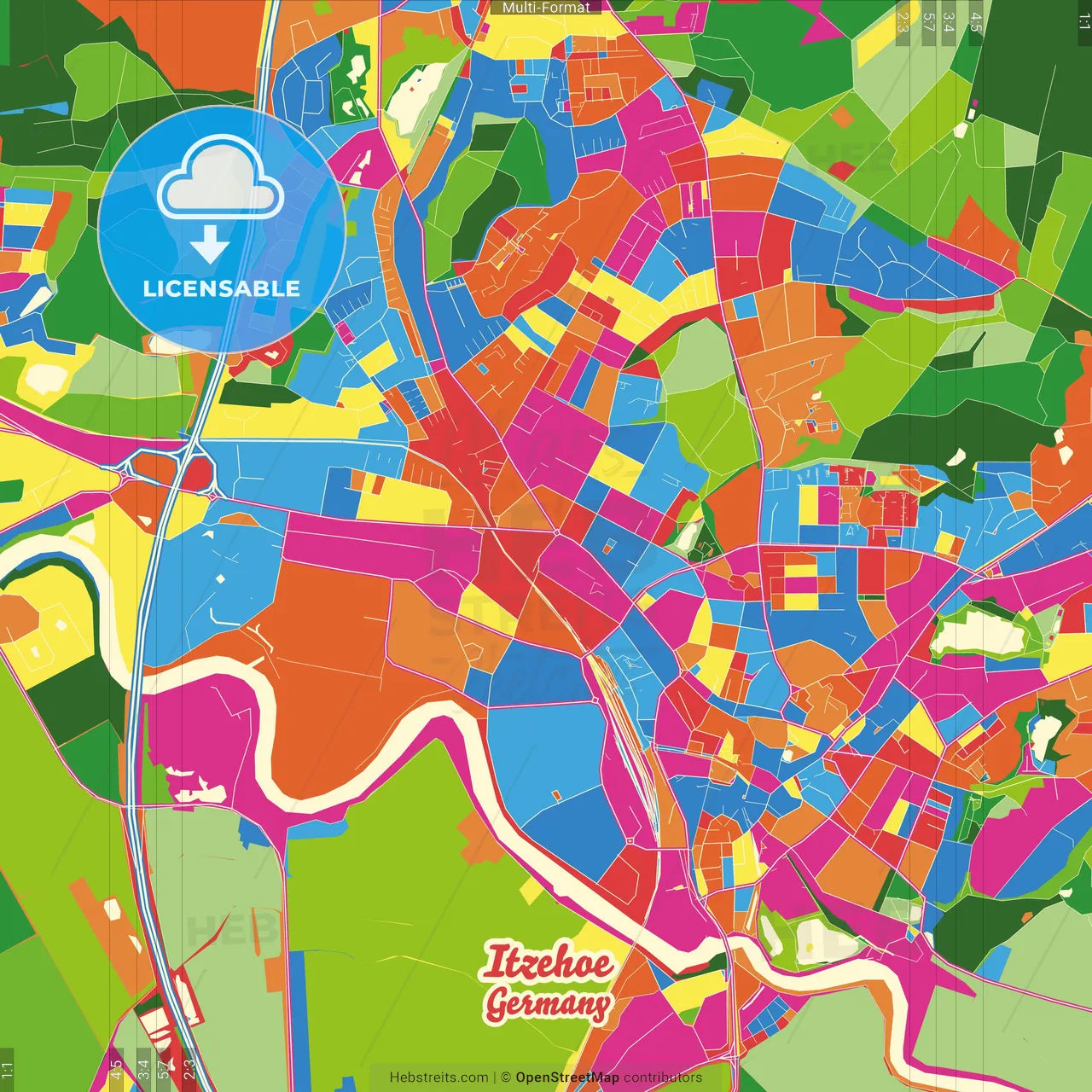 Itzehoe, Schleswig-Holstein, Germany Crazy Colorful Street Map Poster Template
