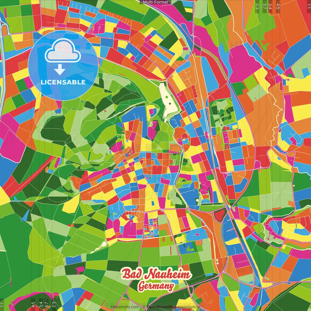 Bad Nauheim, Hesse, Germany Crazy Colorful Street Map Poster Template