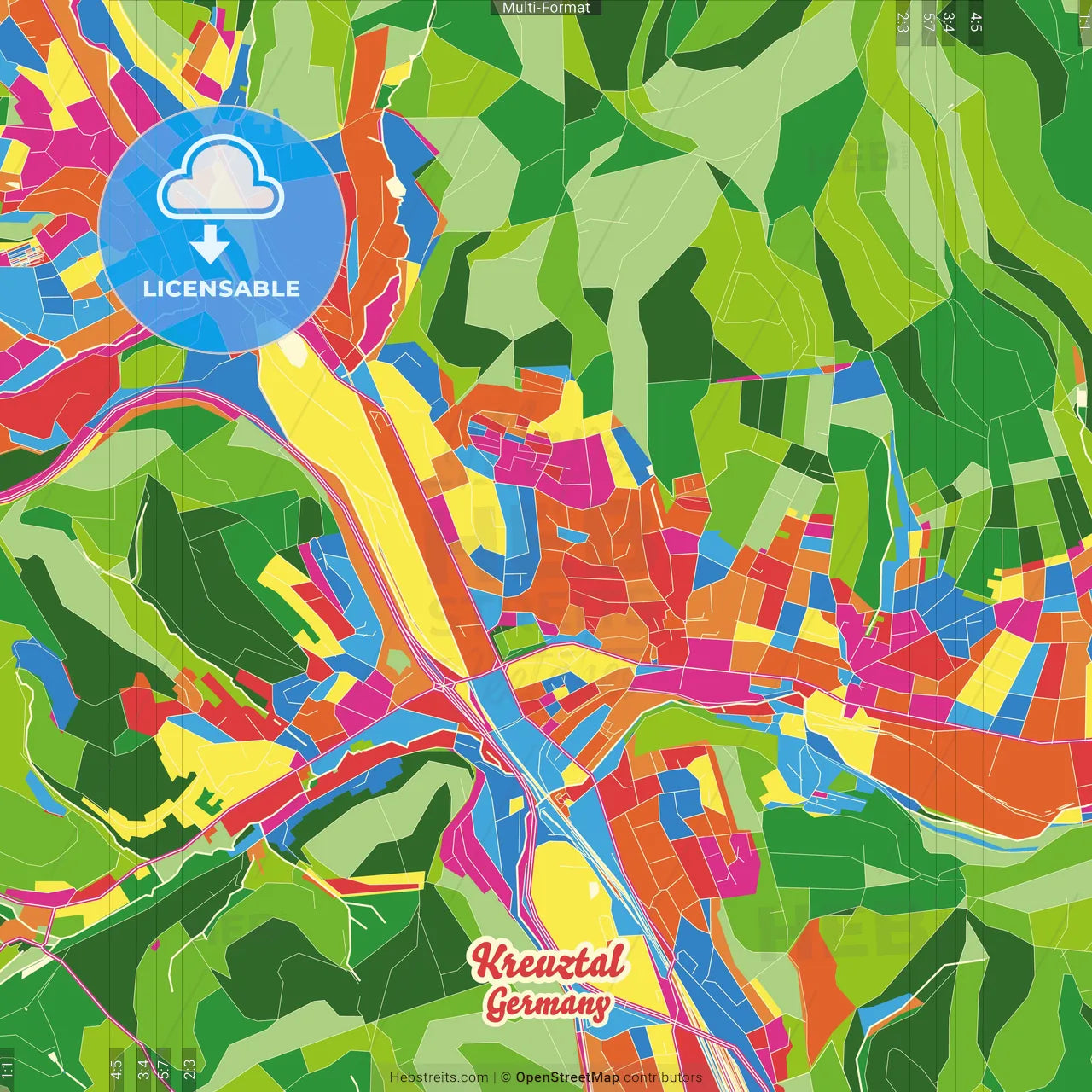 Kreuztal, North Rhine-Westphalia, Germany Crazy Colorful Street Map Poster Template