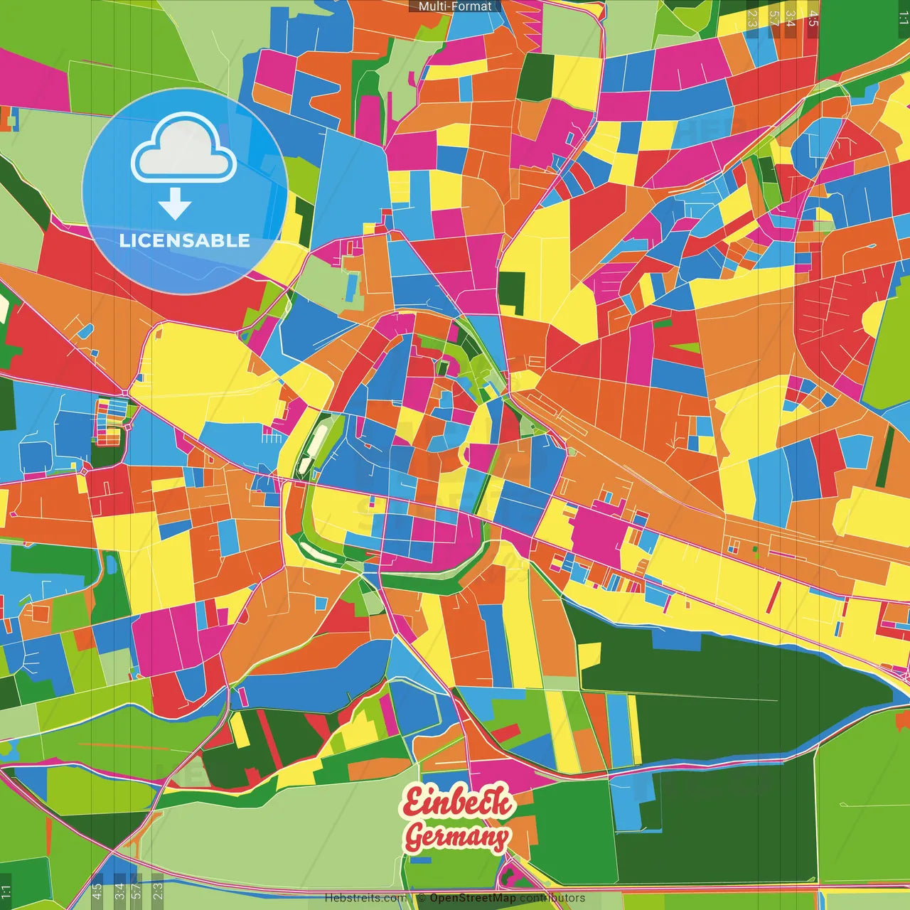 Einbeck, Lower Saxony, Germany Crazy Colorful Street Map Poster Template