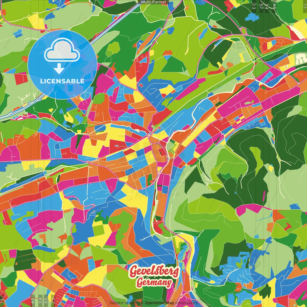 Gevelsberg, North Rhine-Westphalia, Germany Crazy Colorful Street Map Poster Template