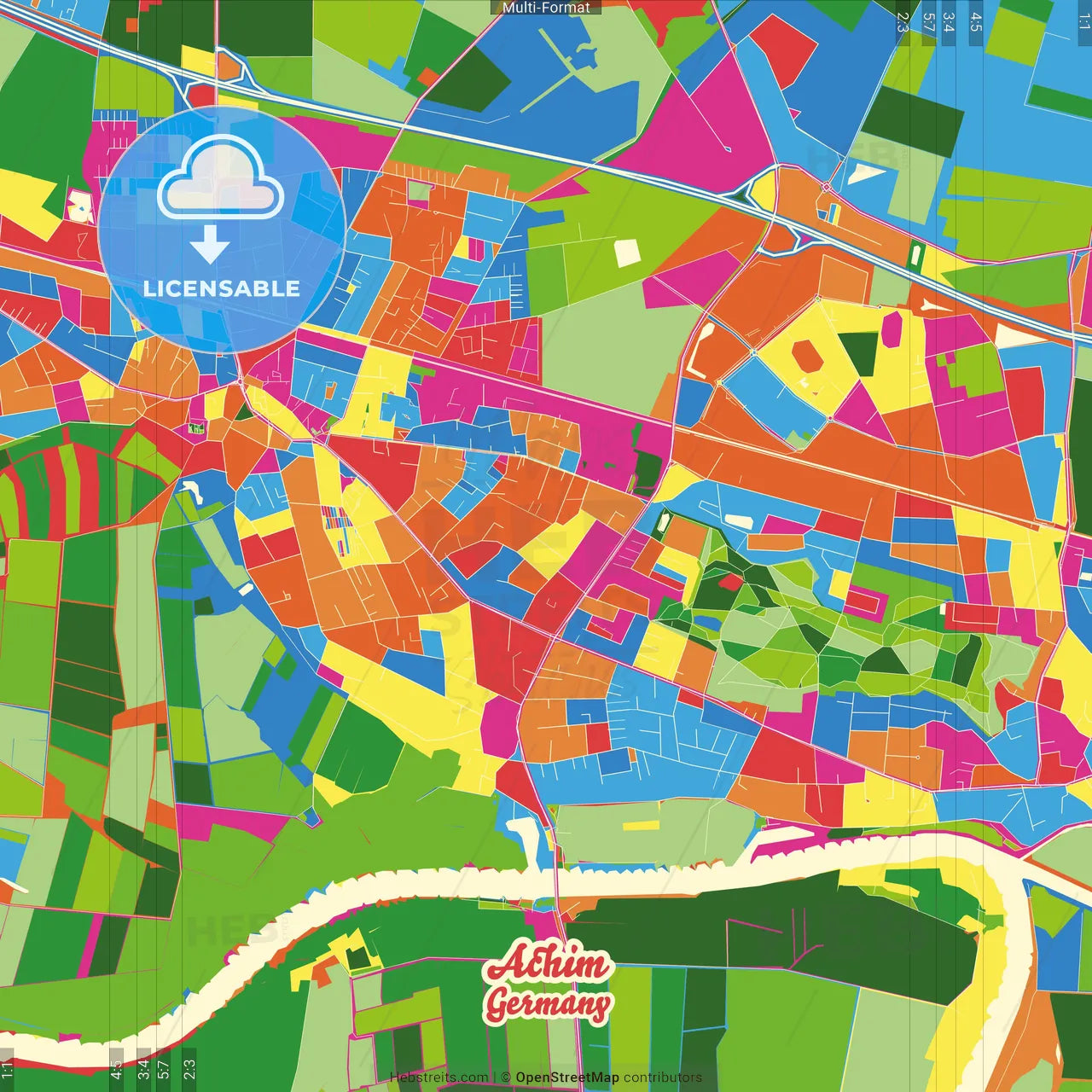 Achim, Lower Saxony, Germany Crazy Colorful Street Map Poster Template