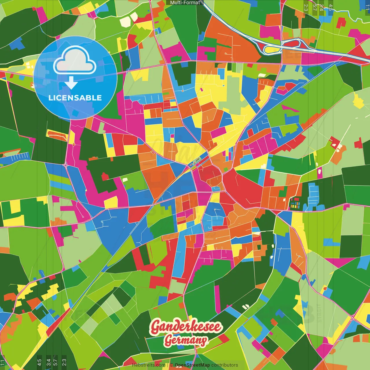 Ganderkesee, Lower Saxony, Germany Crazy Colorful Street Map Poster Template