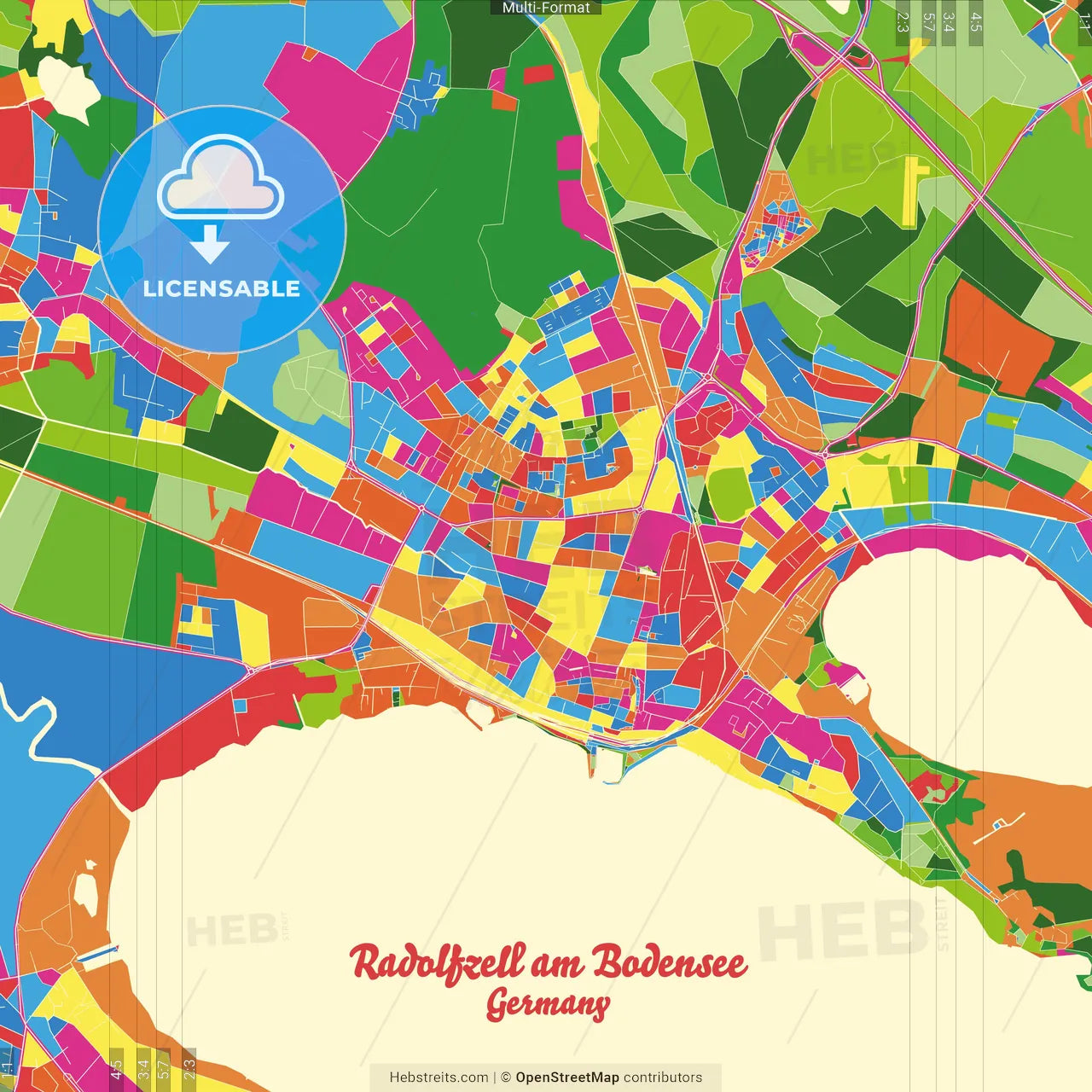Radolfzell am Bodensee, Baden-Wuerttemberg, Germany Crazy Colorful Street Map Poster Template