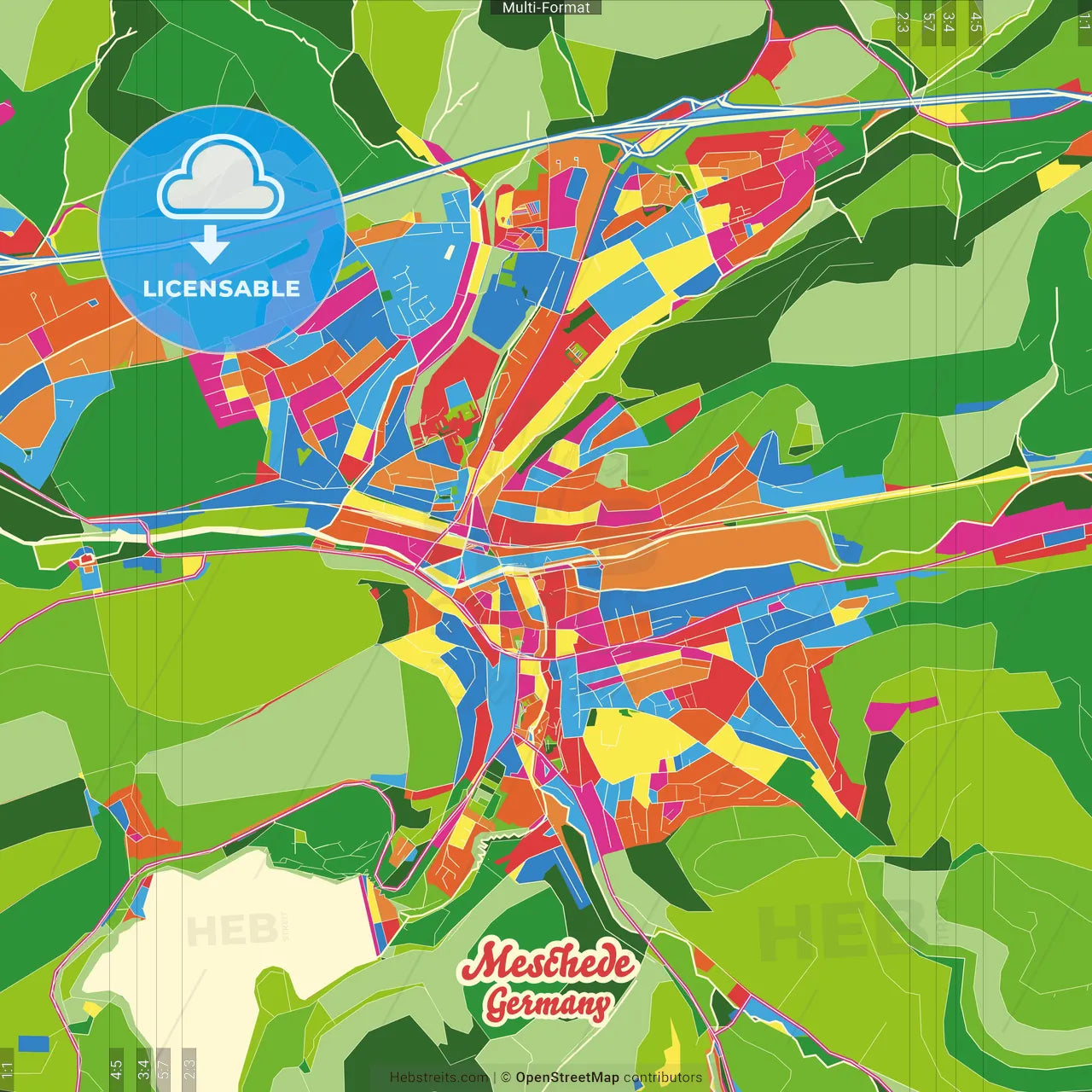 Meschede, North Rhine-Westphalia, Germany Crazy Colorful Street Map Poster Template
