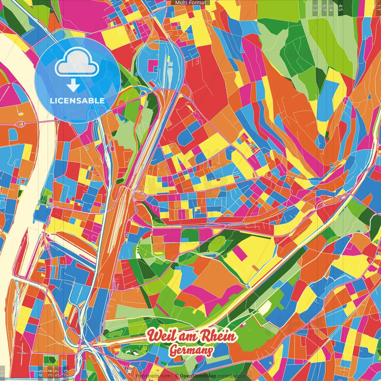 Weil am Rhein, Baden-Wuerttemberg, Germany Crazy Colorful Street Map Poster Template