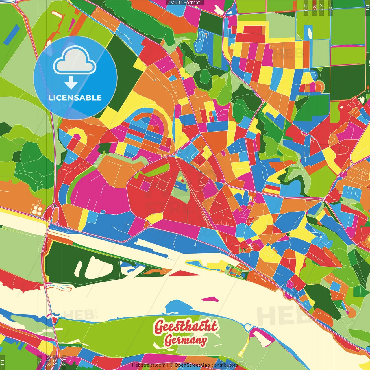 Geesthacht, Schleswig-Holstein, Germany Crazy Colorful Street Map Poster Template