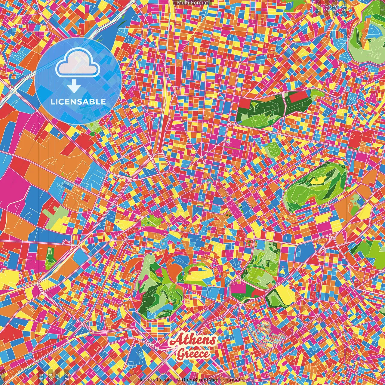 Athens, Attica, Greece Crazy Colorful Street Map Poster Template