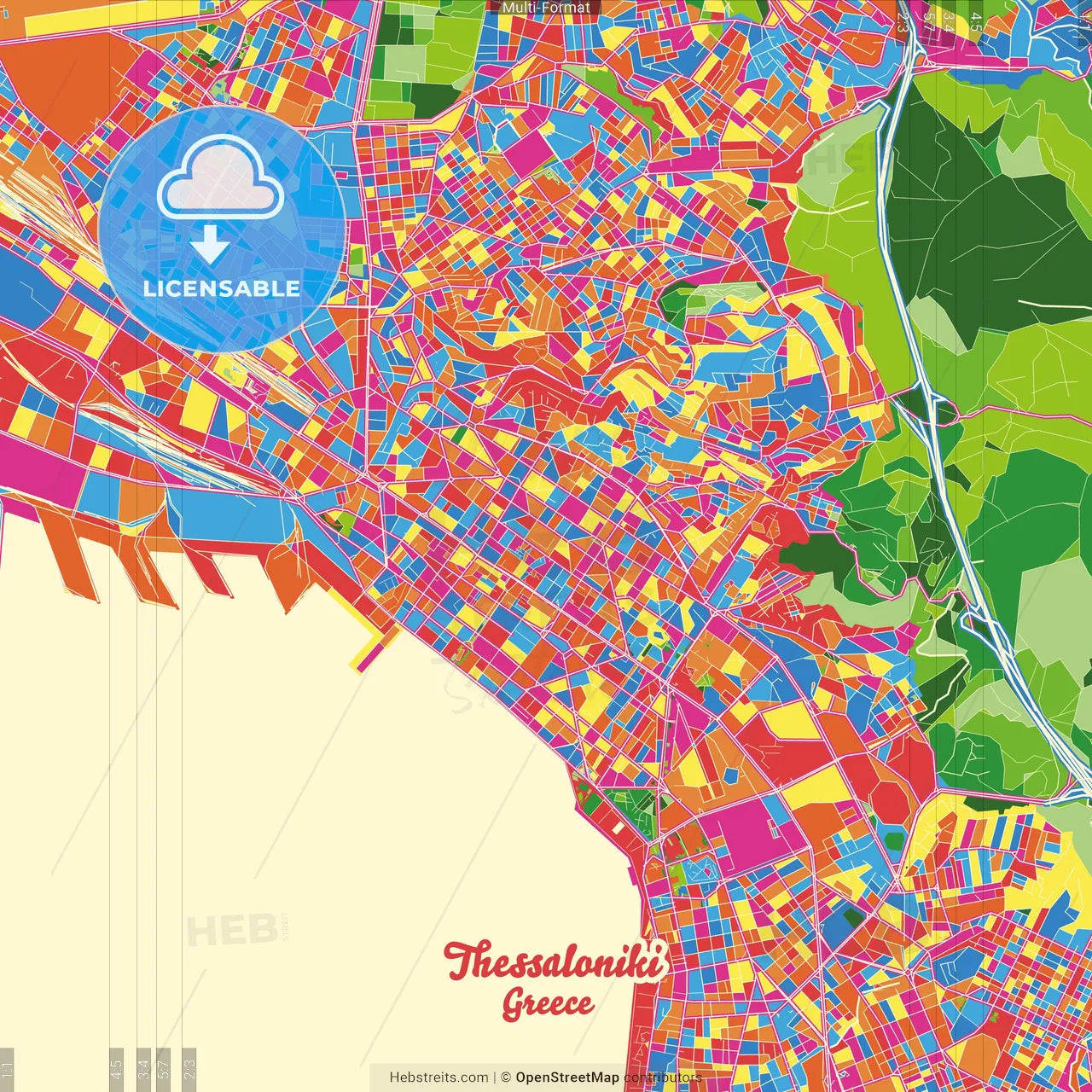 Thessaloniki, Central Macedonia, Greece Crazy Colorful Street Map Poster Template