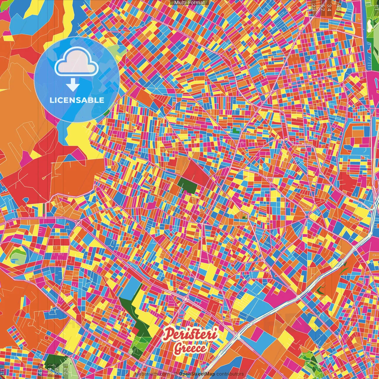 Peristeri, Attica, Greece Crazy Colorful Street Map Poster Template