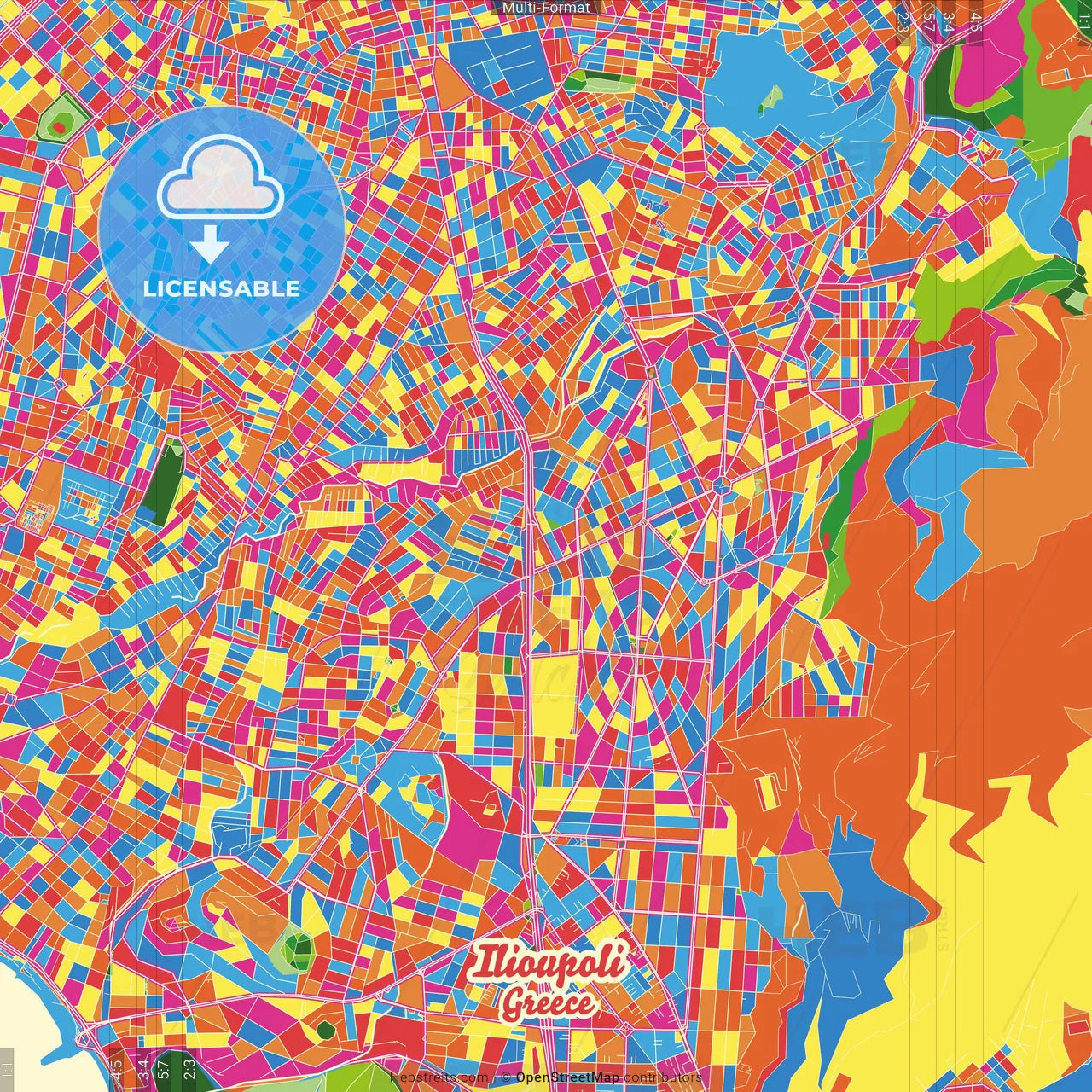 Ilioupoli, Attica, Greece Crazy Colorful Street Map Poster Template
