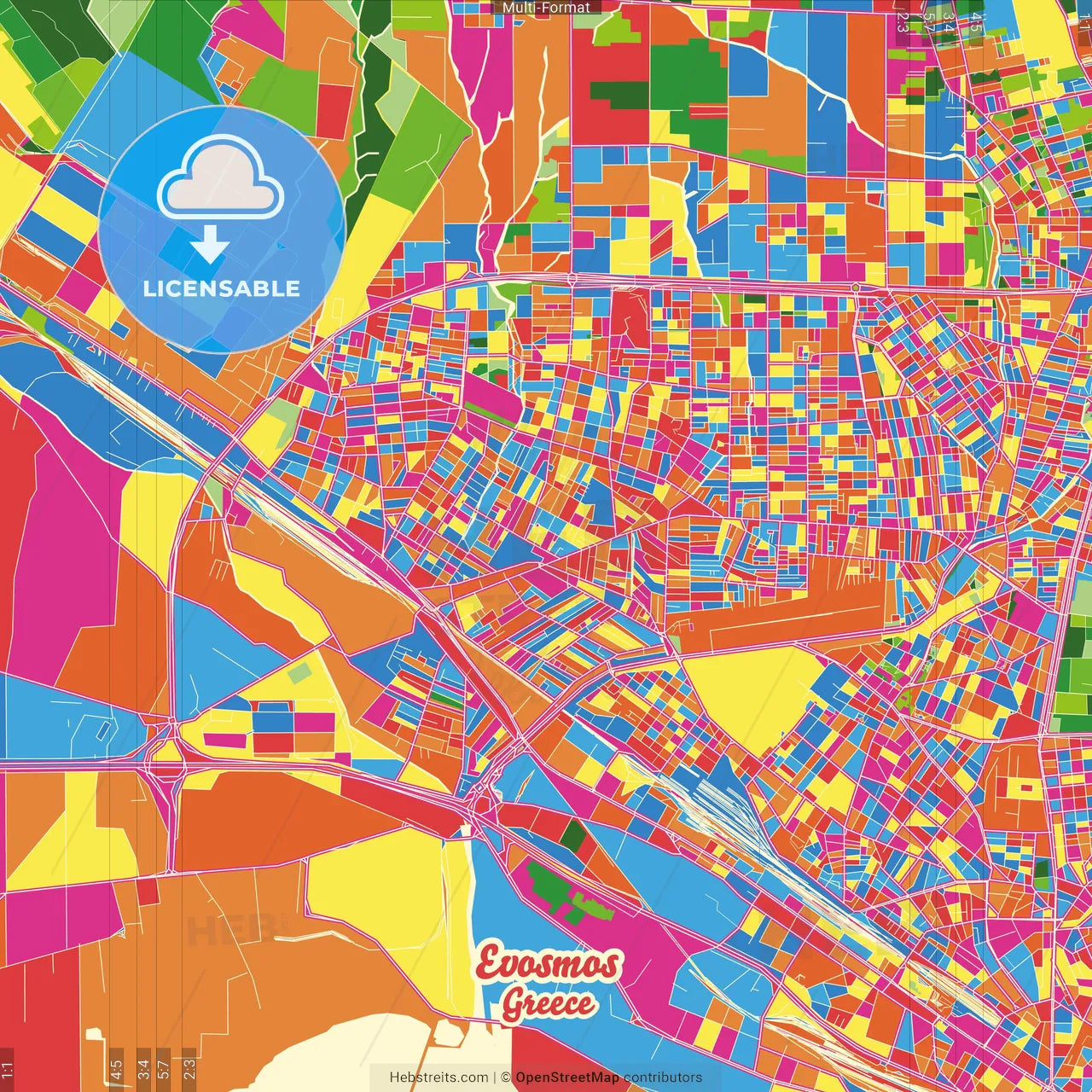 Evosmos, Central Macedonia, Greece Crazy Colorful Street Map Poster Template