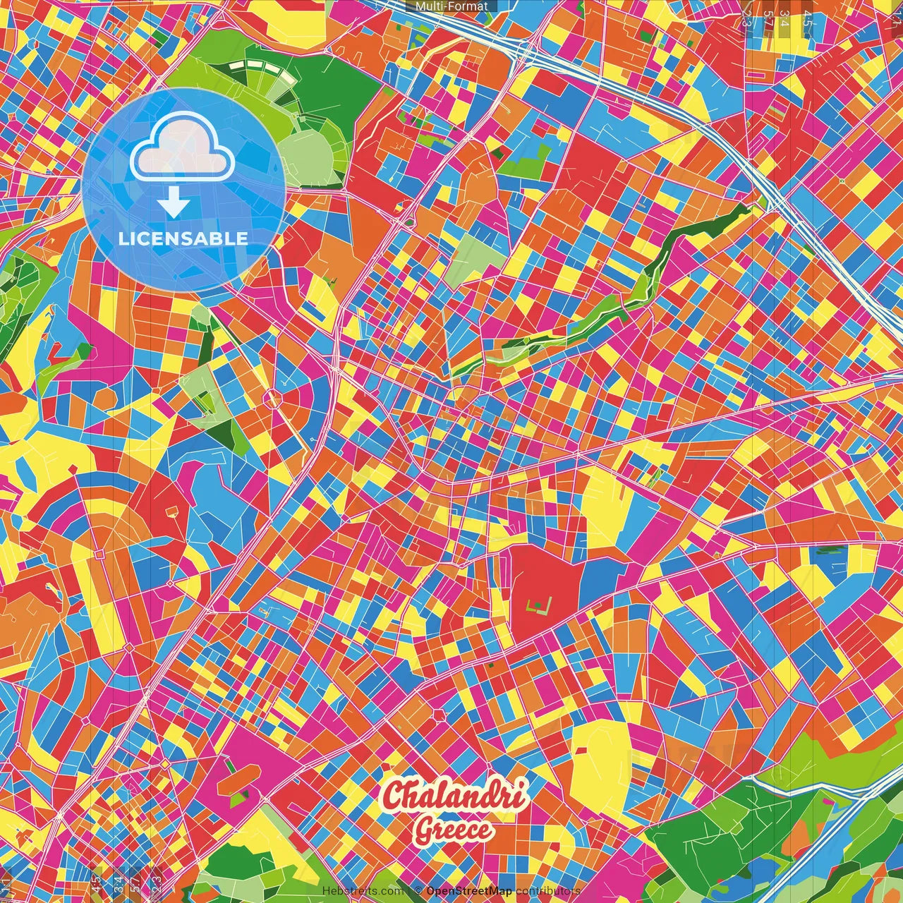 Chalandri, Attica, Greece Crazy Colorful Street Map Poster Template