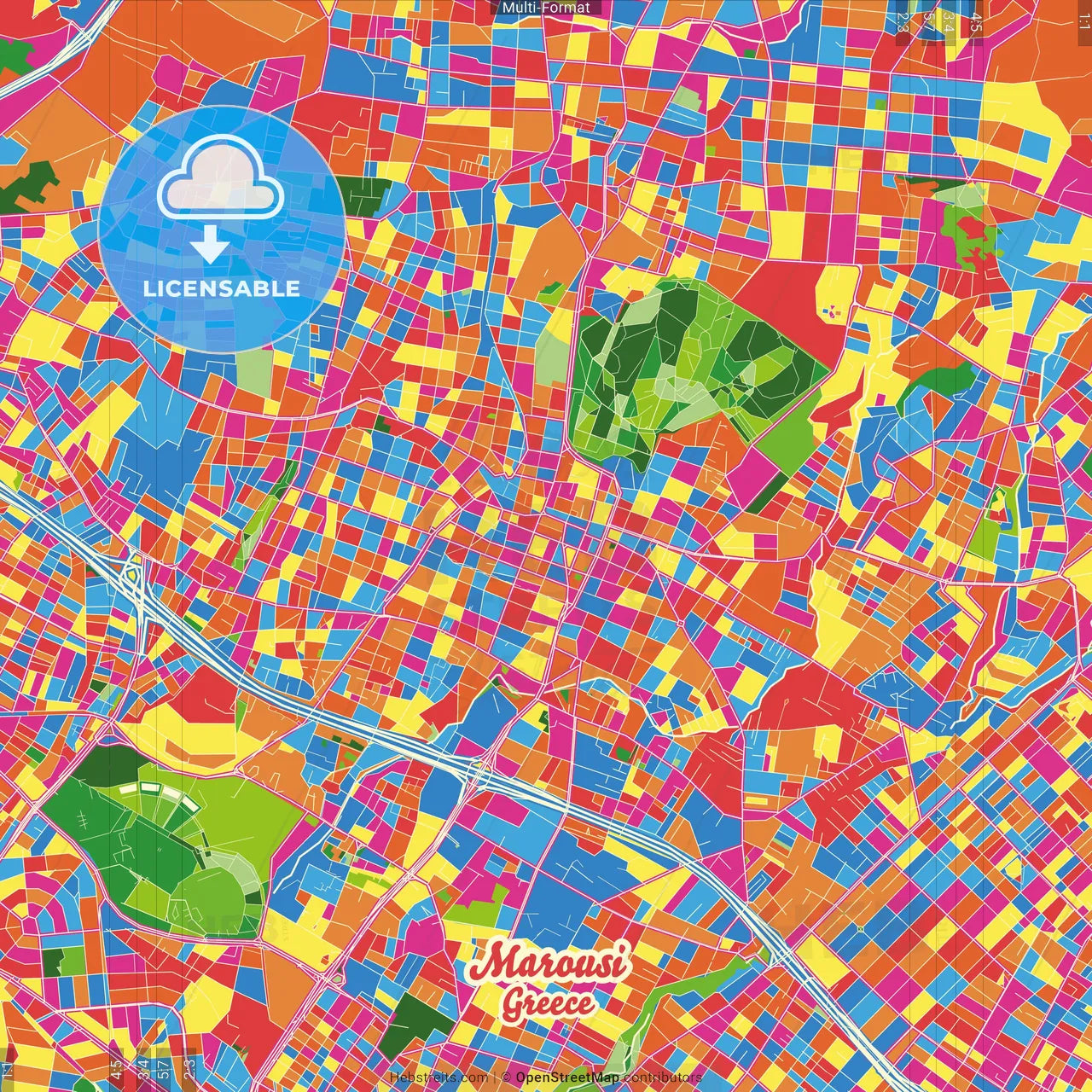 Marousi, Attica, Greece Crazy Colorful Street Map Poster Template