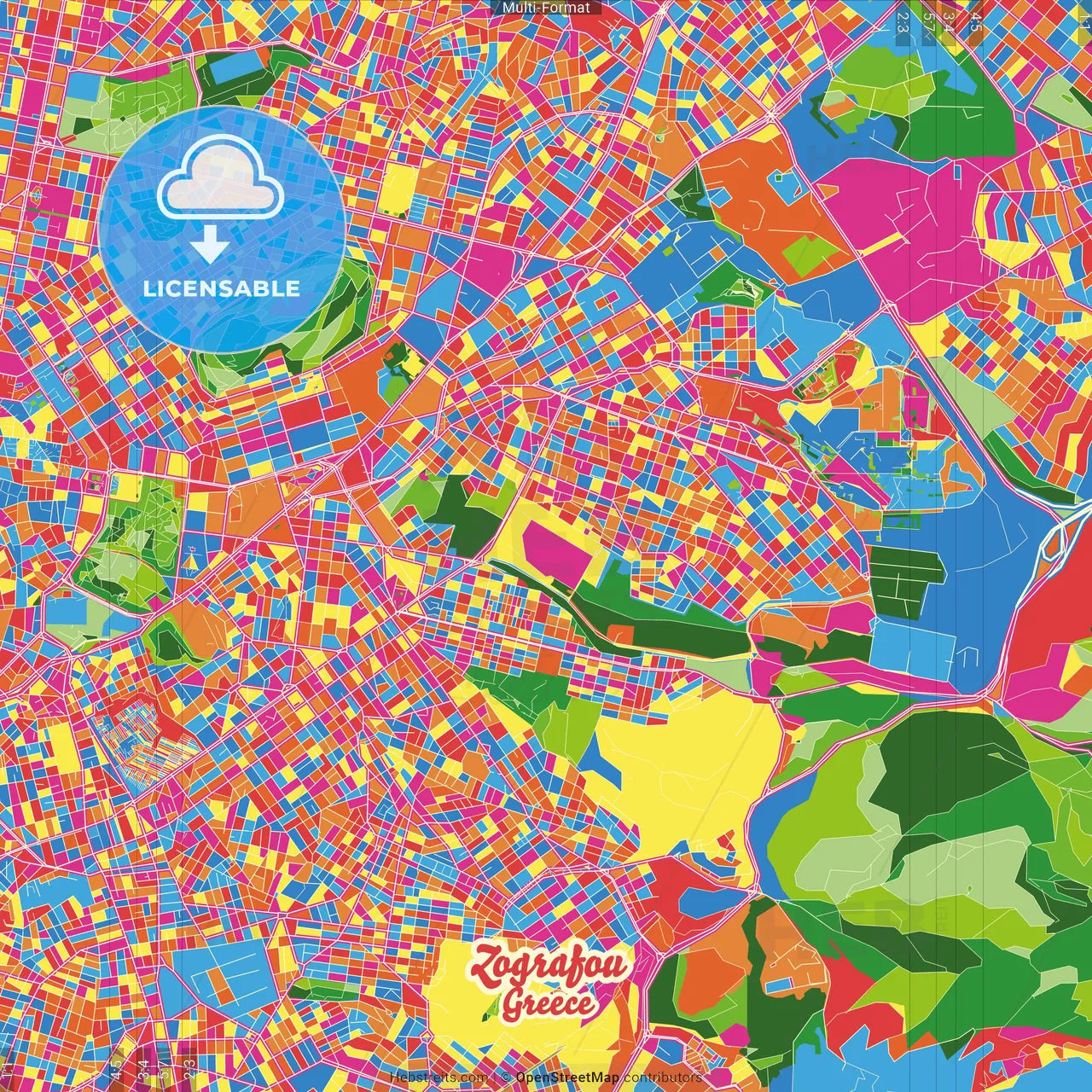 Zografou, Attica, Greece Crazy Colorful Street Map Poster Template