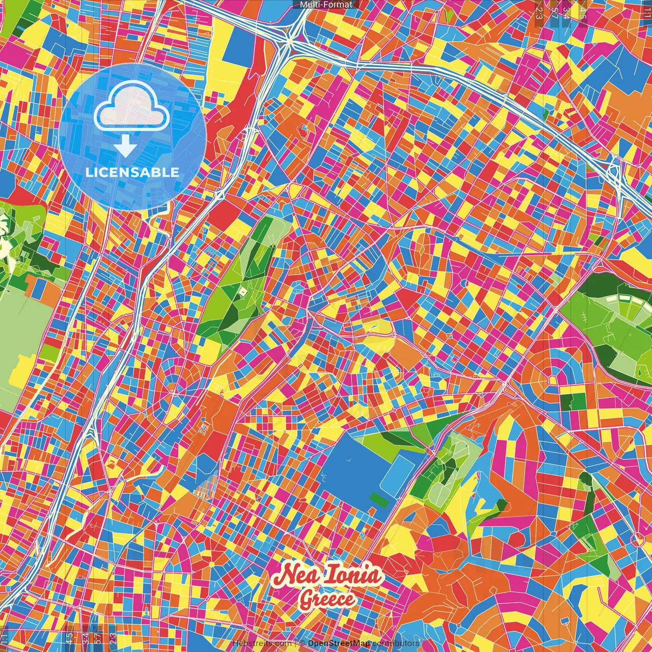 Nea Ionia, Attica, Greece Crazy Colorful Street Map Poster Template