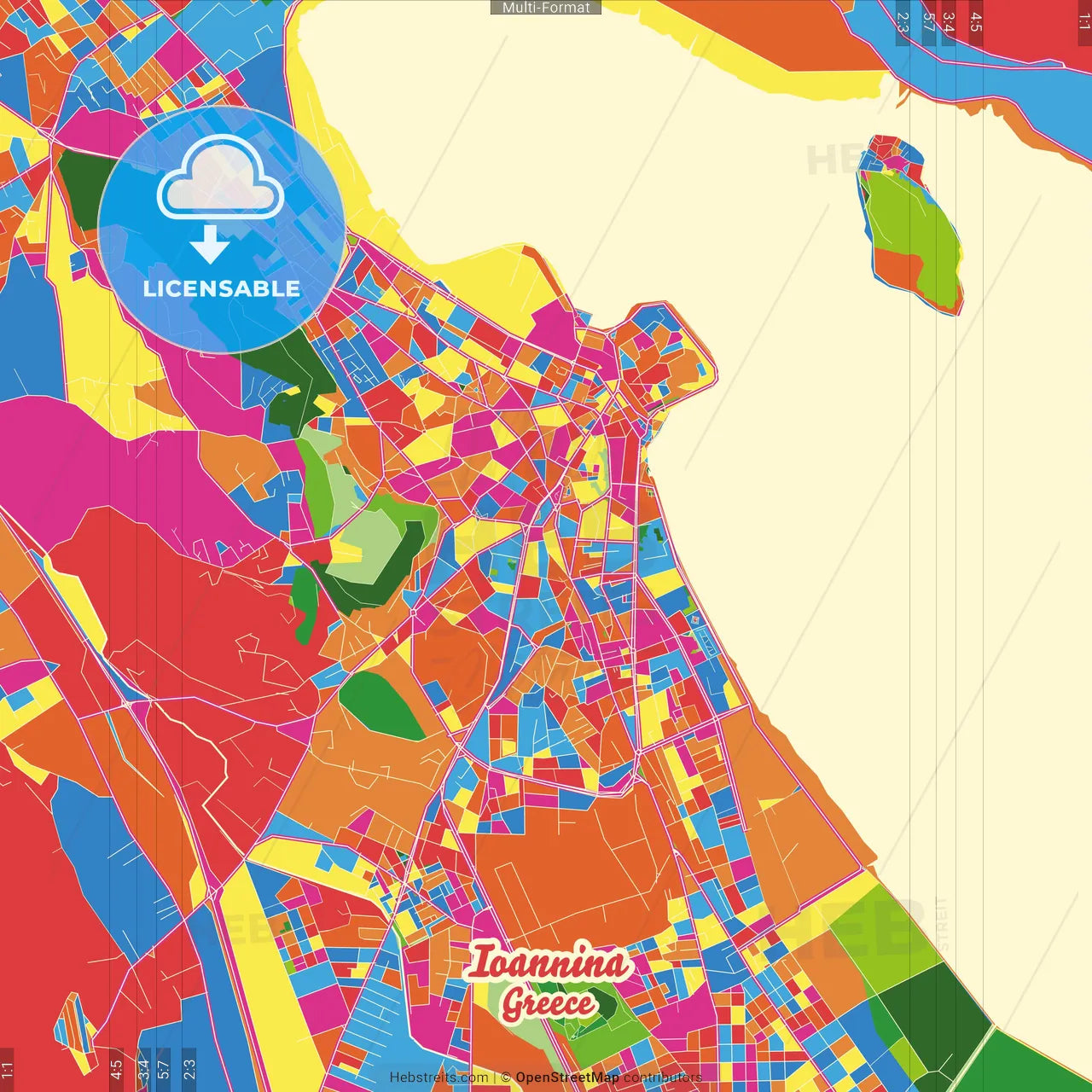 Ioannina, Epirus, Greece Crazy Colorful Street Map Poster Template
