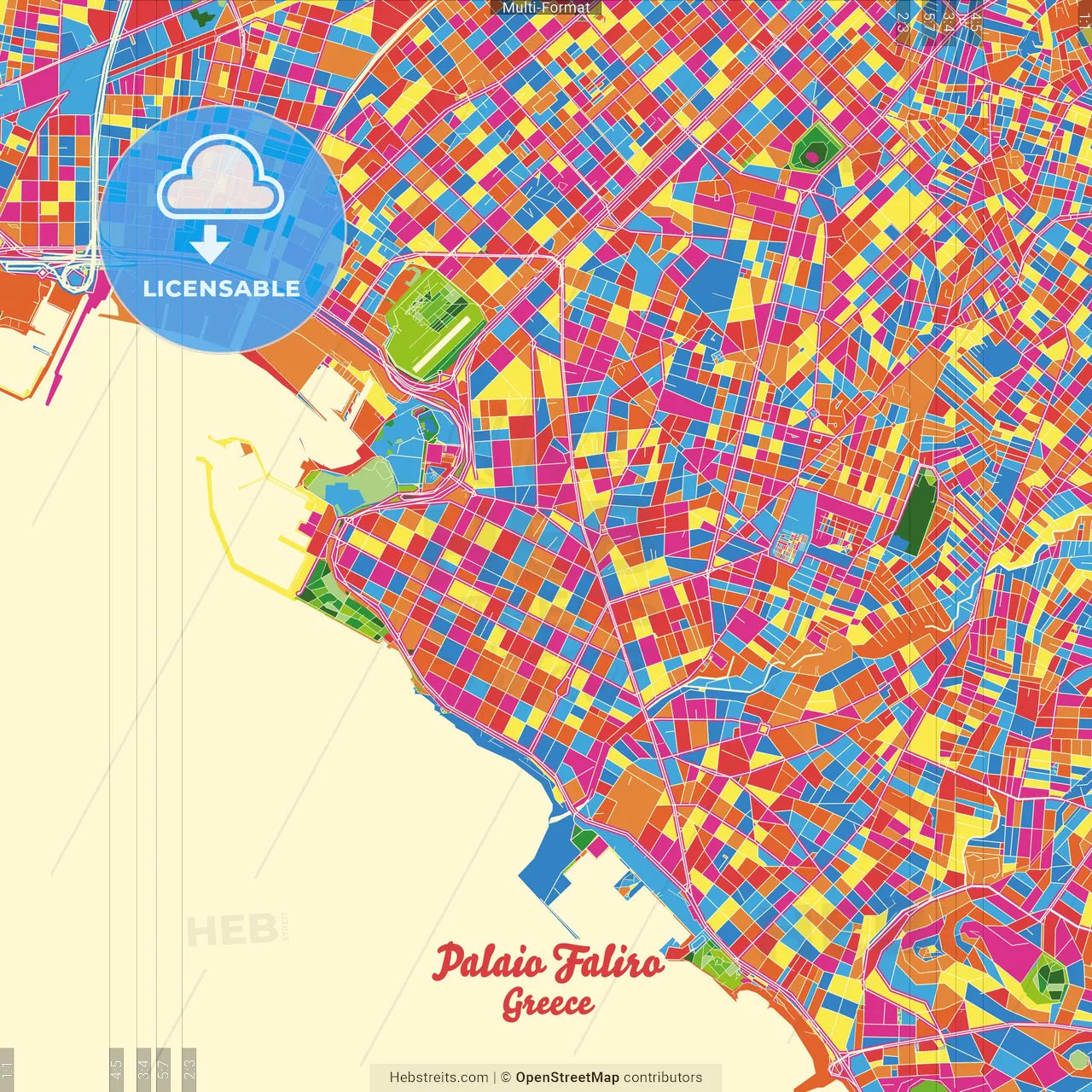 Palaio Faliro, Attica, Greece Crazy Colorful Street Map Poster Template