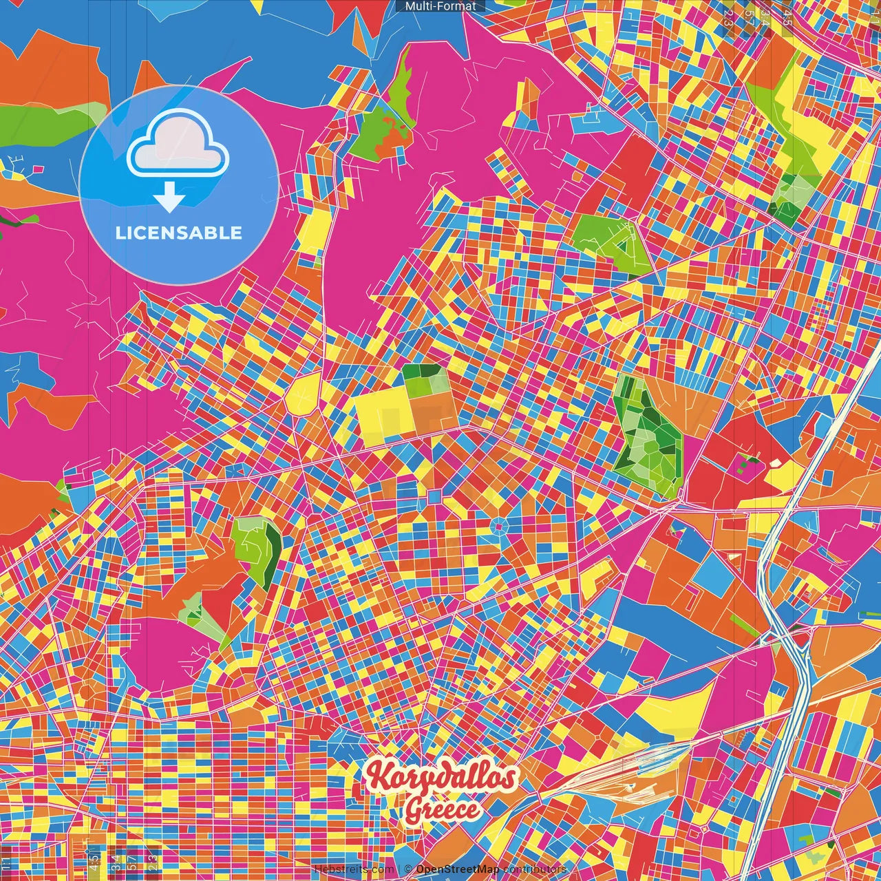 Korydallos, Attica, Greece Crazy Colorful Street Map Poster Template