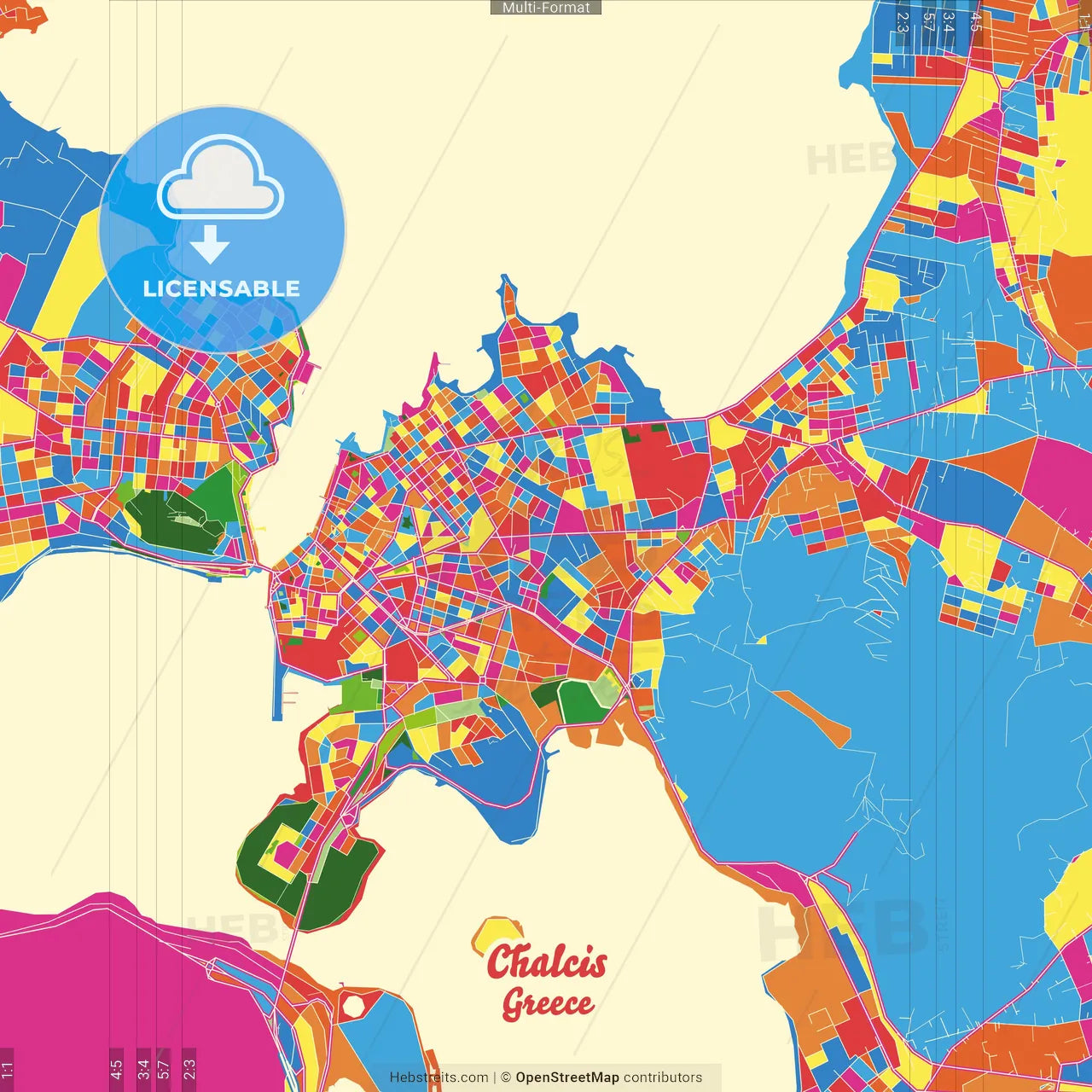 Chalcis, Central Greece, Greece Crazy Colorful Street Map Poster Template