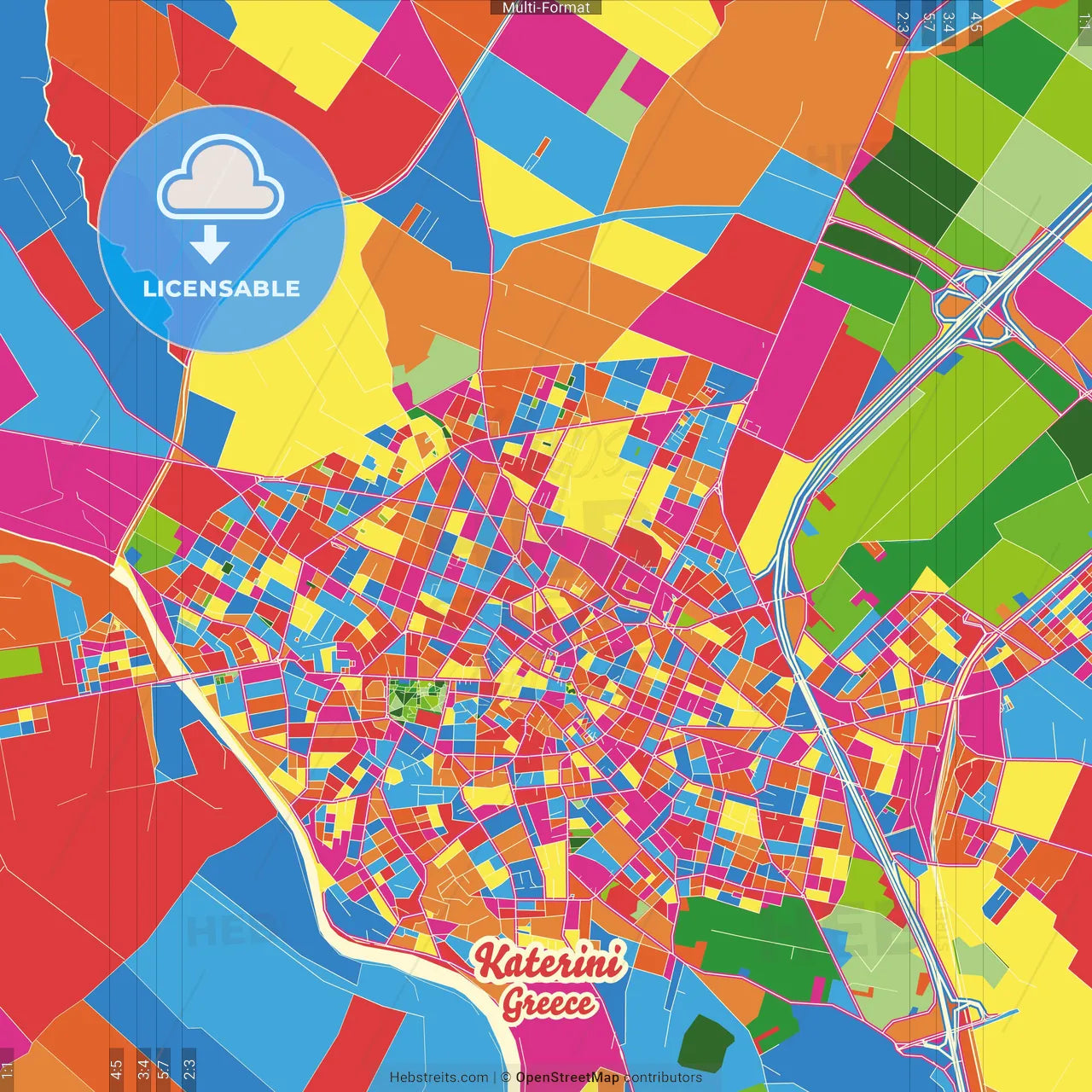 Katerini, Central Macedonia, Greece Crazy Colorful Street Map Poster Template