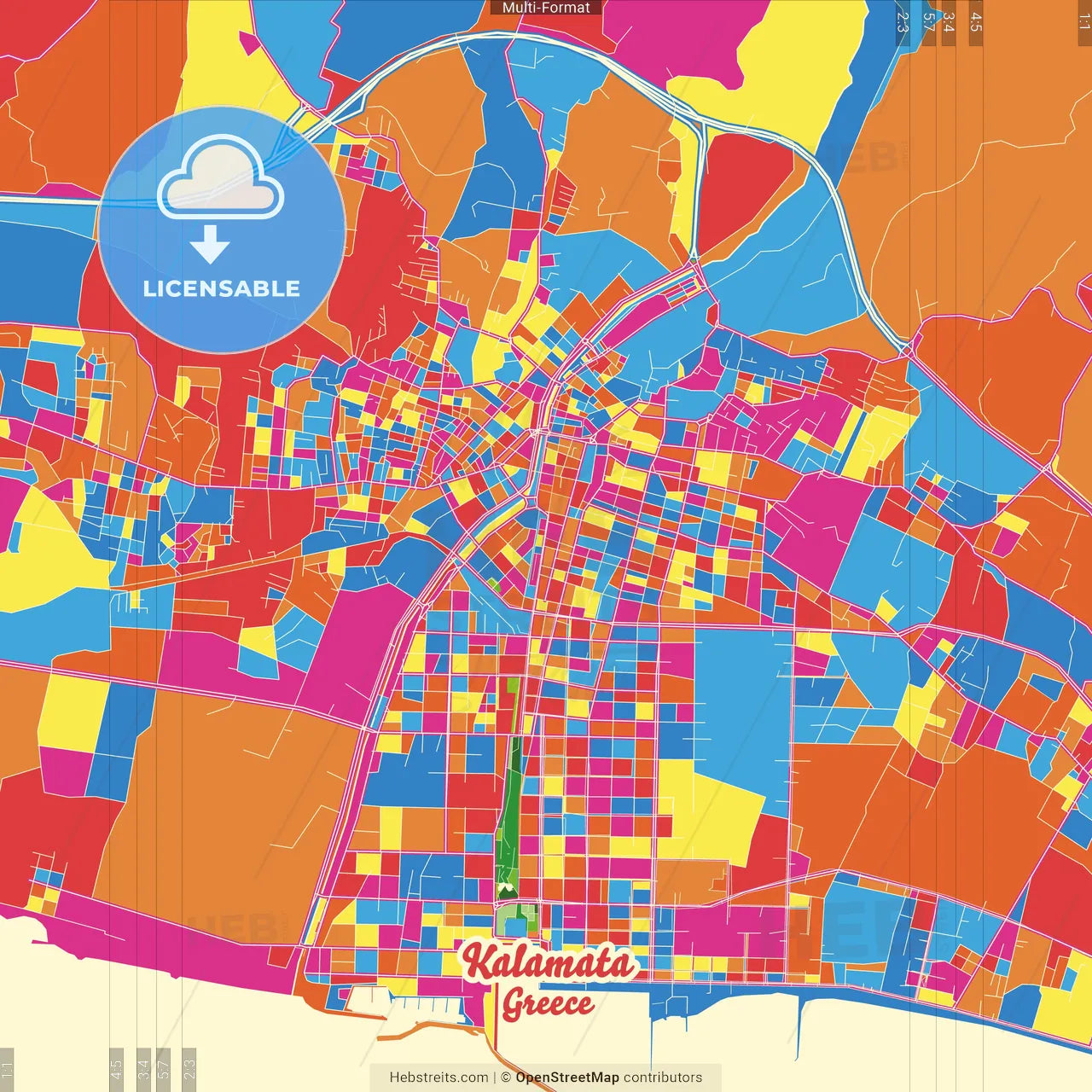 Kalamata, Peloponnese, Greece Crazy Colorful Street Map Poster Template