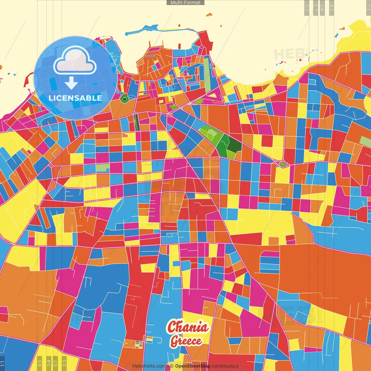 Chania, Crete, Greece Crazy Colorful Street Map Poster Template
