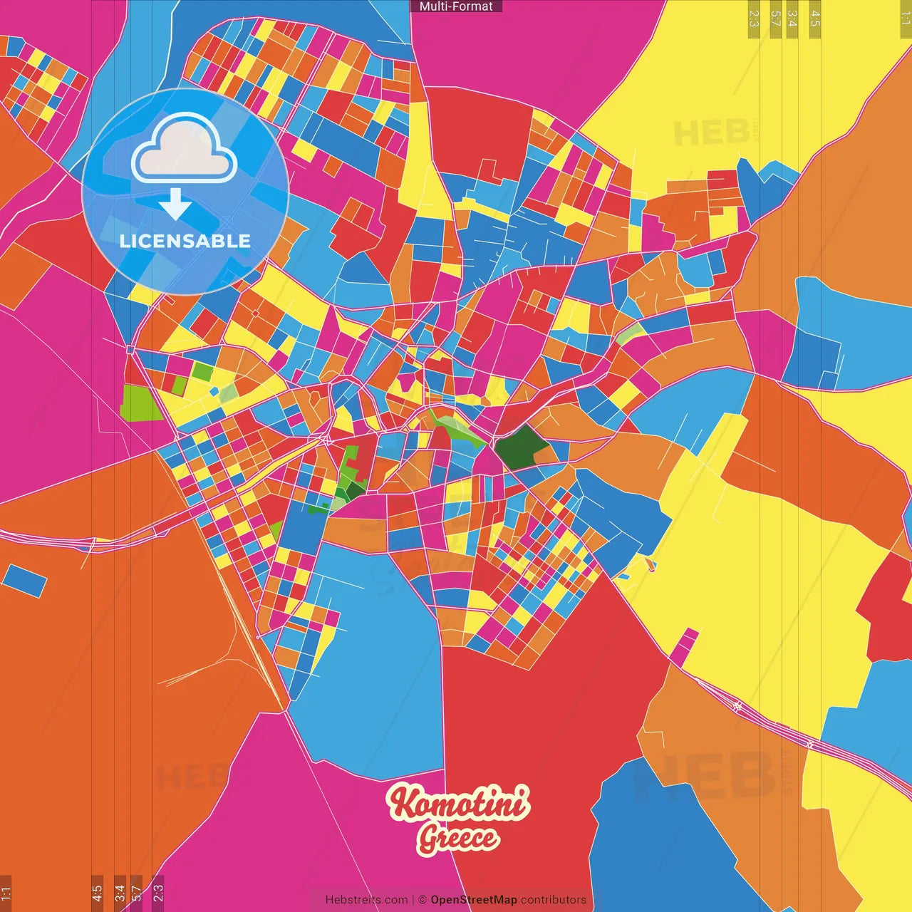 Komotini, Eastern Macedonia and Thrace, Greece Crazy Colorful Street Map Poster Template