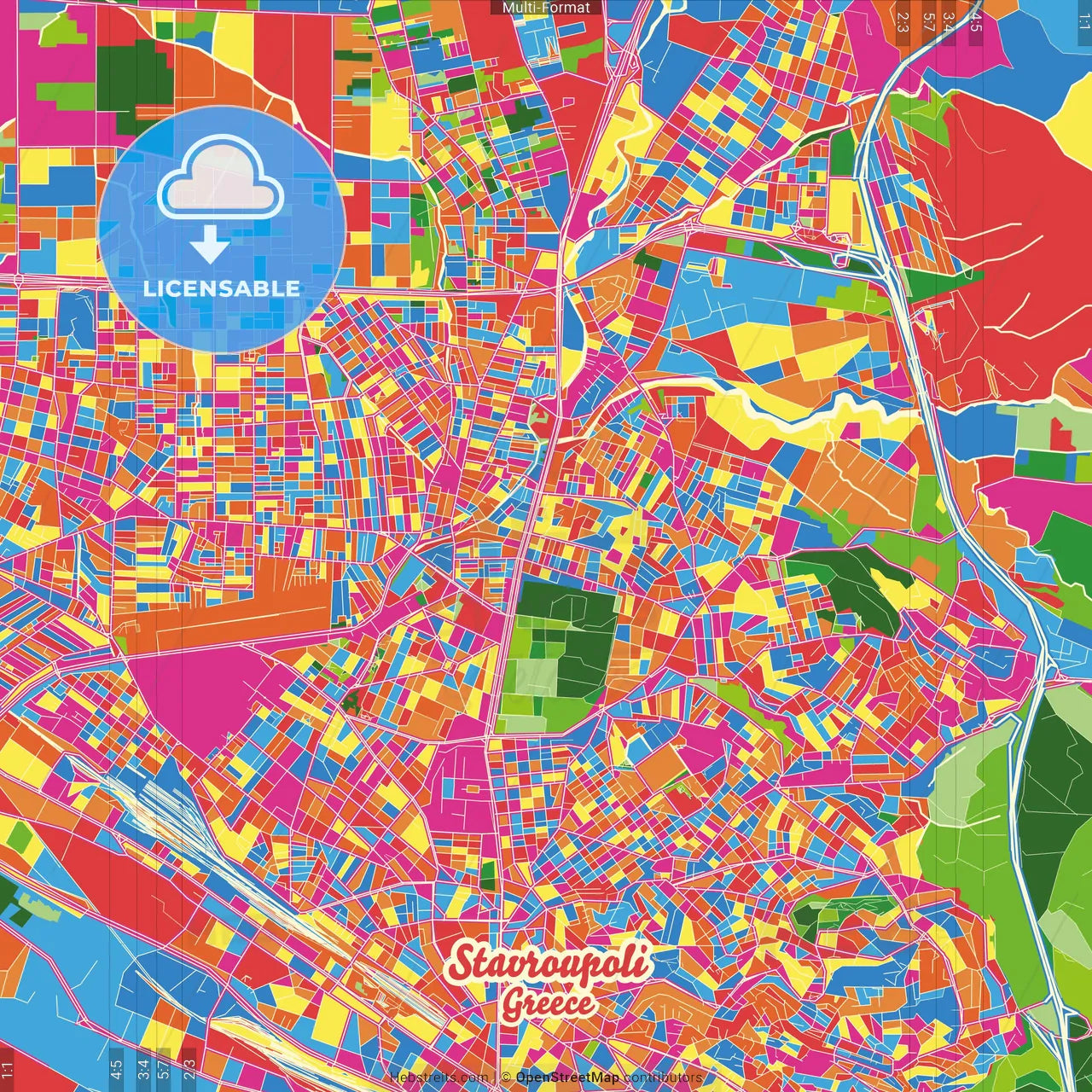 Stavroupoli, Central Macedonia, Greece Crazy Colorful Street Map Poster Template