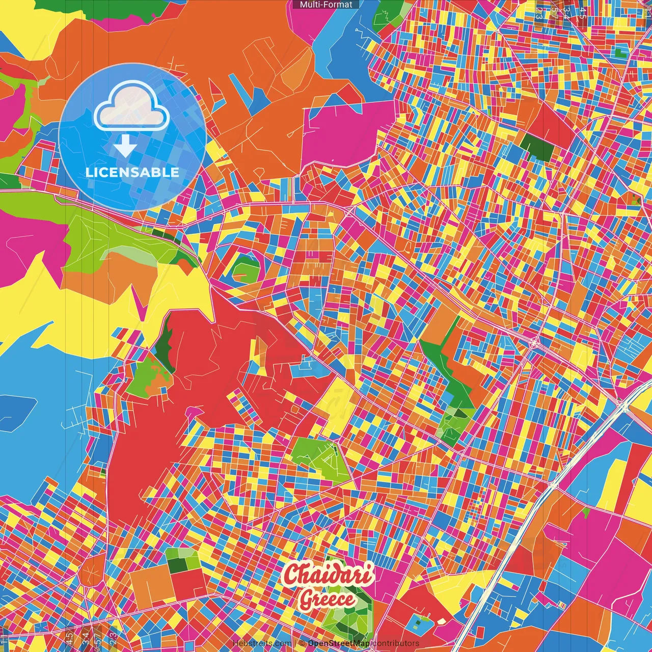 Chaidari, Attica, Greece Crazy Colorful Street Map Poster Template