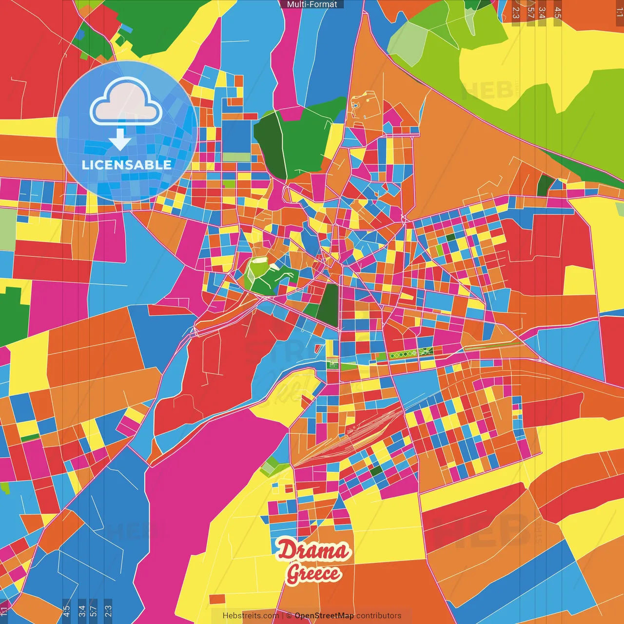 Drama, Eastern Macedonia and Thrace, Greece Crazy Colorful Street Map Poster Template