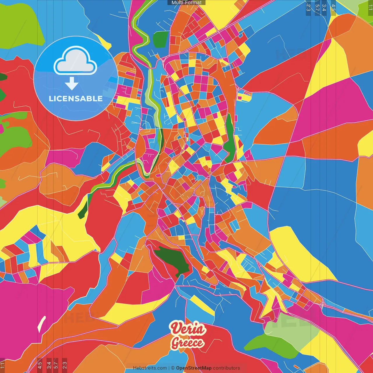 Veria, Central Macedonia, Greece Crazy Colorful Street Map Poster Template