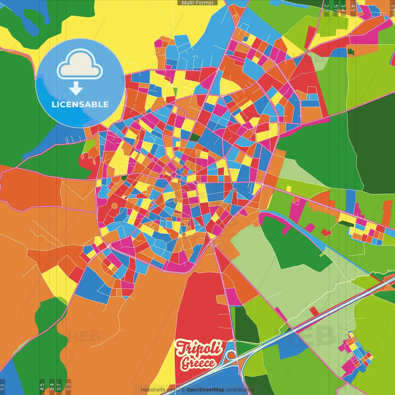 Tripoli, Peloponnese, Greece Crazy Colorful Street Map Poster Template