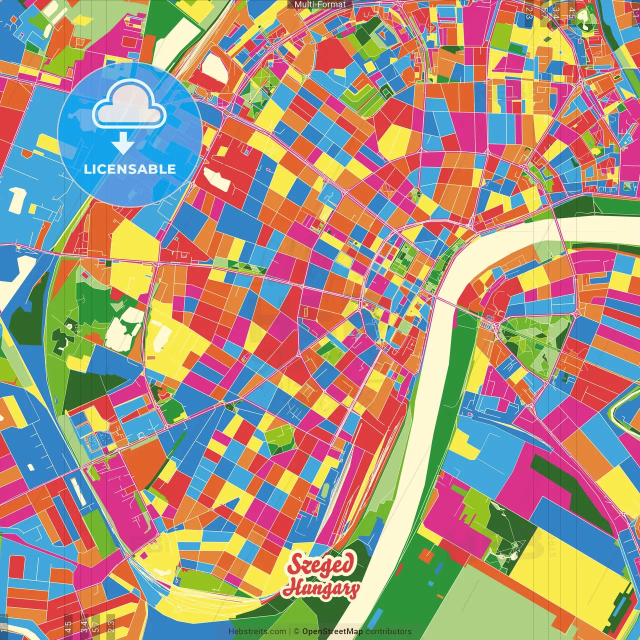Szeged, Csongrád, Hungary Crazy Colorful Street Map Poster Template