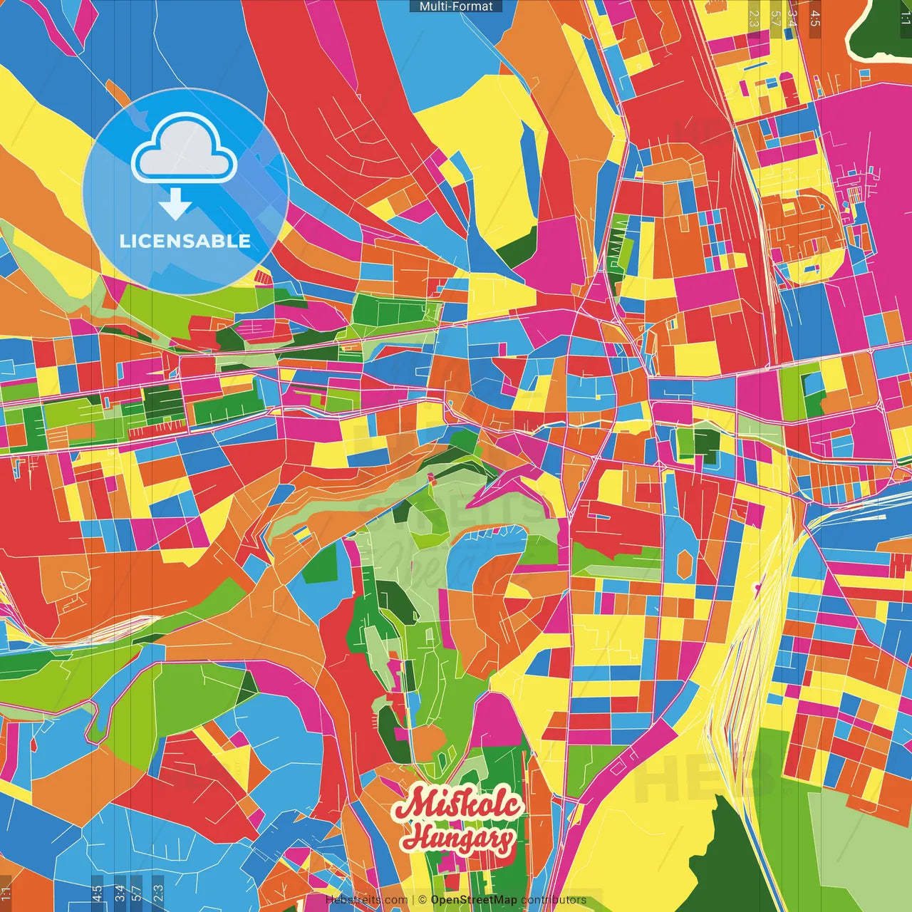 Miskolc, Borsod-Abaúj-Zemplén, Hungary Crazy Colorful Street Map Poster Template