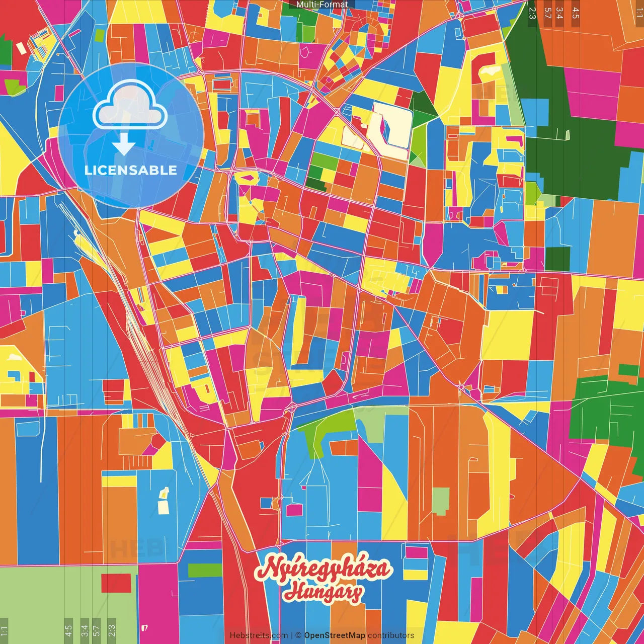Nyíregyháza, Szabolcs-Szatmár-Bereg, Hungary Crazy Colorful Street Map Poster Template