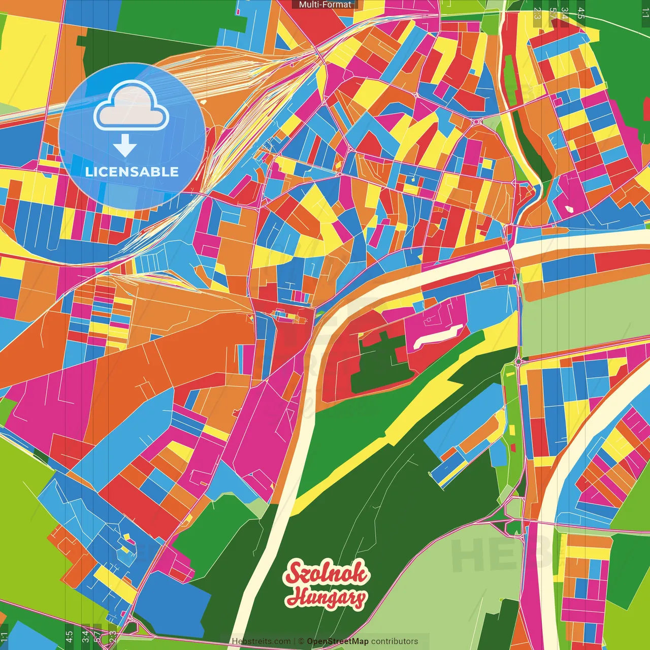 Szolnok, Jász-Nagykun-Szolnok, Hungary Crazy Colorful Street Map Poster Template