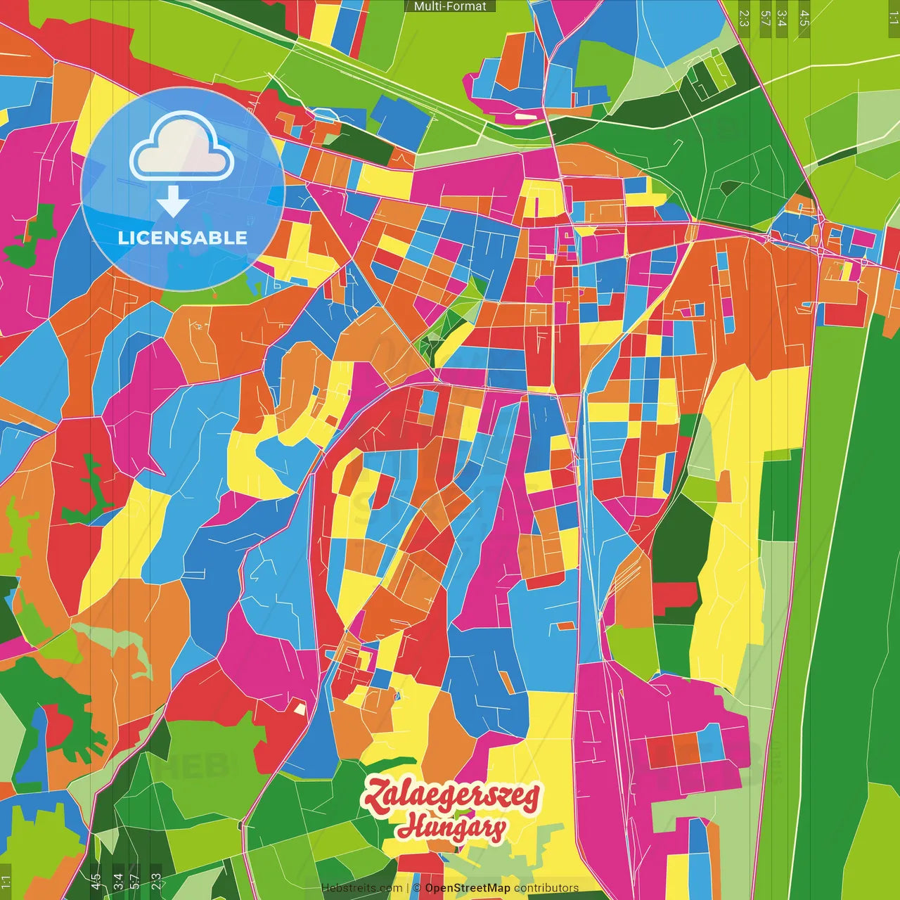 Zalaegerszeg, Zala, Hungary Crazy Colorful Street Map Poster Template