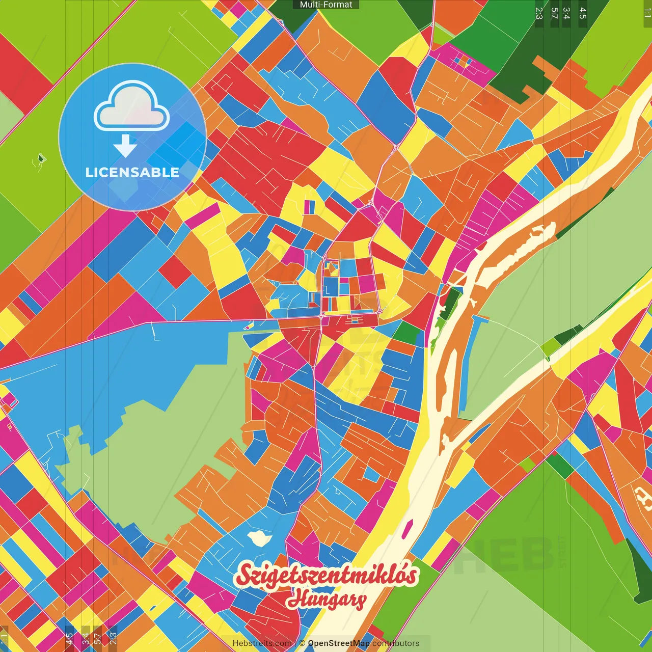 Szigetszentmiklós, Pest, Hungary Crazy Colorful Street Map Poster Template